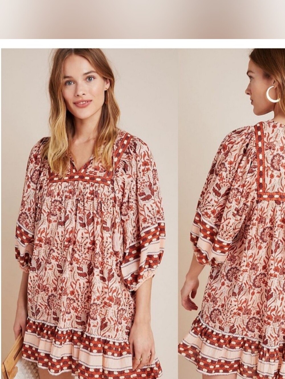Cleobella Anthropologie Boho Floral Babydoll Tunic Dress - Rust Floral
